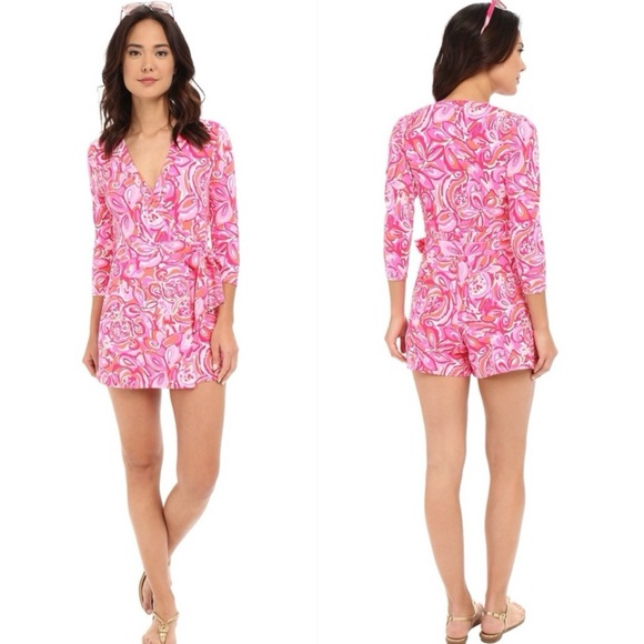 Lilly Pulitzer Karlie Wrap Romper in Pink Pout‎ Mango Salsa - Picture 2 of 13